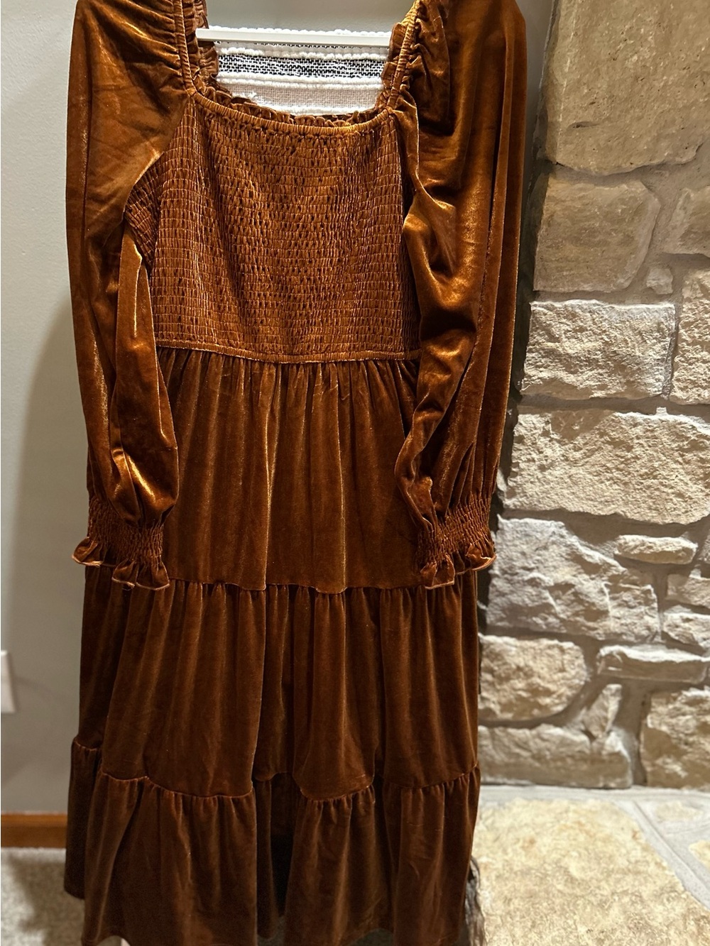 Zesica Women’s Velvet Smocked Tiered Dress in Rich Brown Caramel